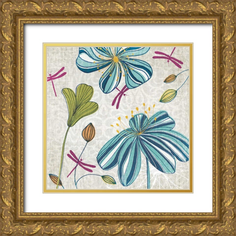 Flowers and Dragonflies Gold Ornate Wood Framed Art Print with Double Matting by Venter, Tandi