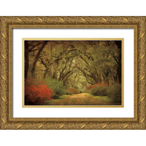 Road Lined With Oaks and Flowers  Gold Ornate Wood Framed Art Print with Double Matting by Guion, William