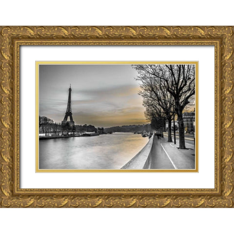 River Seine and The Eiffel Tower Gold Ornate Wood Framed Art Print with Double Matting by Frank, Assaf