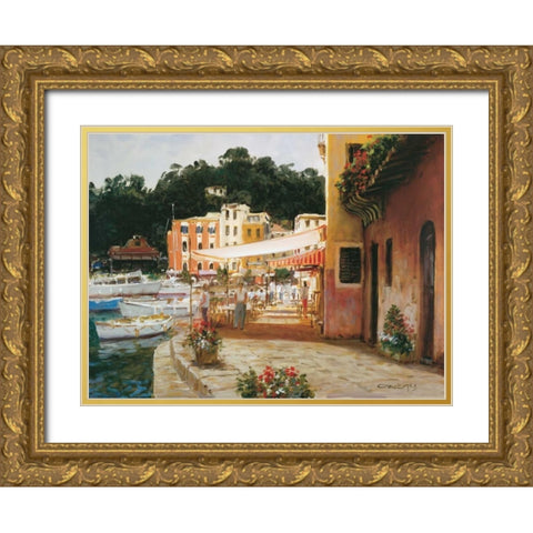 Morning Stroll - Portofino Gold Ornate Wood Framed Art Print with Double Matting by Bates, George