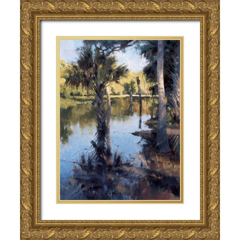 Palms on Water I Gold Ornate Wood Framed Art Print with Double Matting by Moore, Larry