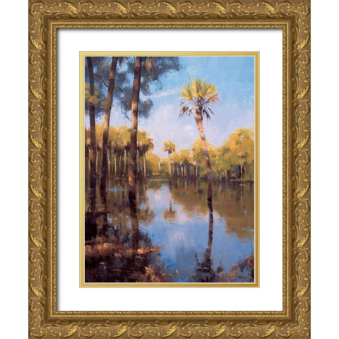 Palms on Water II Gold Ornate Wood Framed Art Print with Double Matting by Moore, Larry