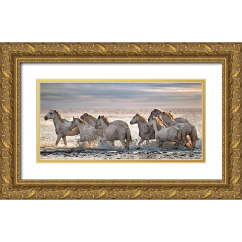 Running Horses Gold Ornate Wood Framed Art Print with Double Matting by Ortega, Xavier