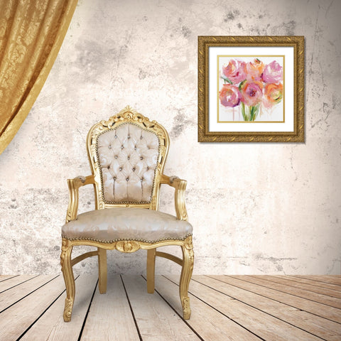 Pink Peonies Gold Ornate Wood Framed Art Print with Double Matting by Bell, Emma