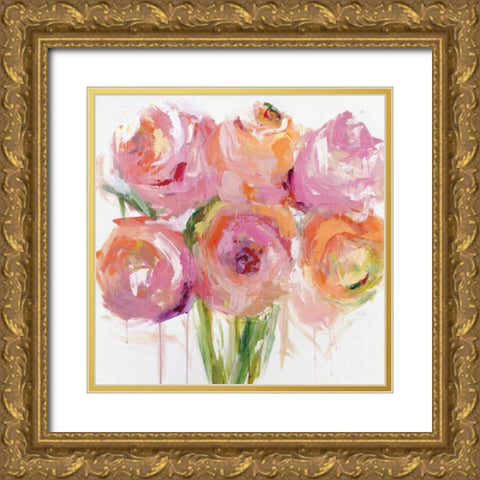 Pink Peonies Gold Ornate Wood Framed Art Print with Double Matting by Bell, Emma