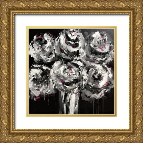 White Roses Gold Ornate Wood Framed Art Print with Double Matting by Bell, Emma