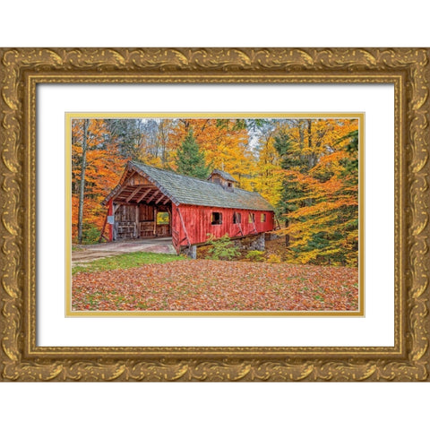 Loon Song Covered Bridge Gold Ornate Wood Framed Art Print with Double Matting by Howarth, Gail