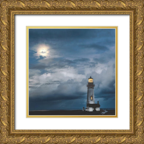 Lighthouse In Moonlight Gold Ornate Wood Framed Art Print with Double Matting by Burt, D.