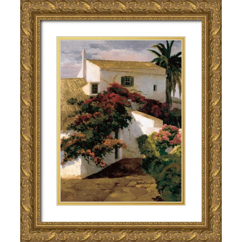 Courtyard Blossoms Gold Ornate Wood Framed Art Print with Double Matting by Romeu, Poch