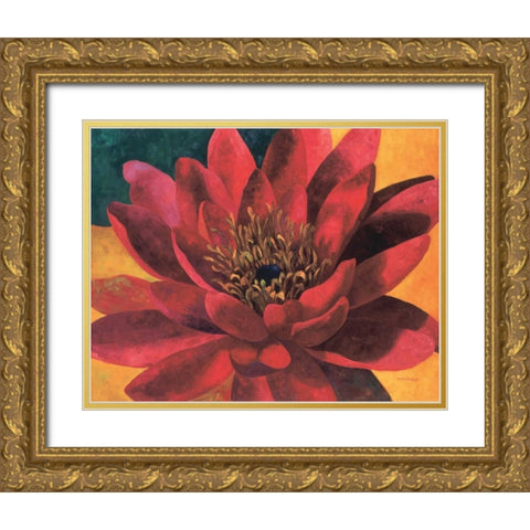 Red Water Lily Gold Ornate Wood Framed Art Print with Double Matting by Torrontegui, Maria