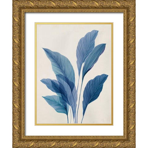 Blue Palm Leaves II Gold Ornate Wood Framed Art Print with Double Matting by Aria K