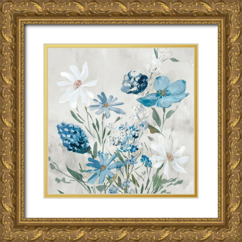 Blue Wild Flowers Gold Ornate Wood Framed Art Print with Double Matting by Aria K