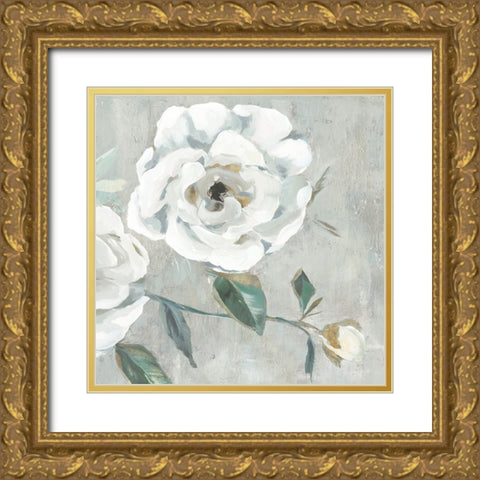 White Floral I Gold Ornate Wood Framed Art Print with Double Matting by Aria K