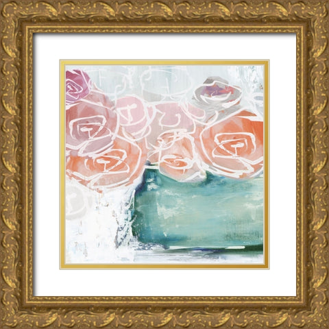 Pink Flowers in Pot Gold Ornate Wood Framed Art Print with Double Matting by Black, Alex