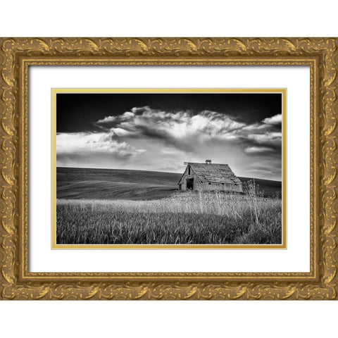 Old Barn Sunset Gold Ornate Wood Framed Art Print with Double Matting by Berk