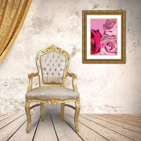 Pink Red Roses Gold Ornate Wood Framed Art Print with Double Matting by Diskin, Ceil