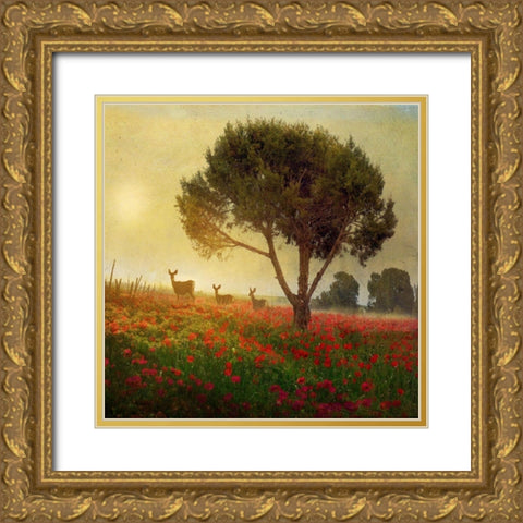 Trees Poppies Deer II Gold Ornate Wood Framed Art Print with Double Matting by Best, Chris