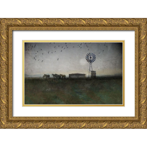 Horse and Crows Gold Ornate Wood Framed Art Print with Double Matting by Vest, Chris