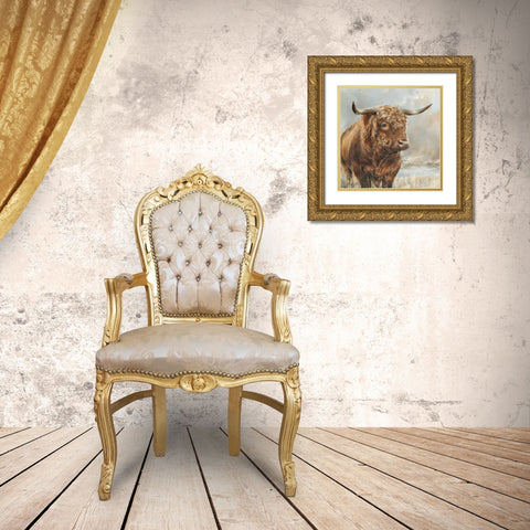 Wild Filed Bull  Gold Ornate Wood Framed Art Print with Double Matting by Perejogina, Dina