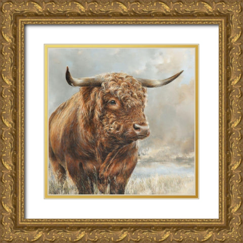 Wild Filed Bull  Gold Ornate Wood Framed Art Print with Double Matting by Perejogina, Dina