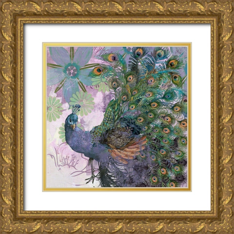 Peacock Prance  Gold Ornate Wood Framed Art Print with Double Matting by Evelia