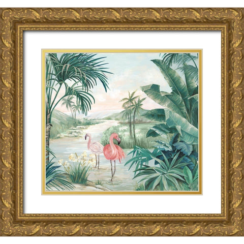 Flamingo Dream Gold Ornate Wood Framed Art Print with Double Matting by Watts, Eva
