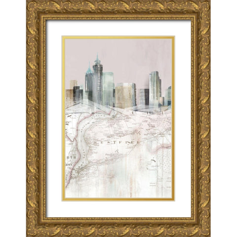 Blushing Manhattan Map I  Gold Ornate Wood Framed Art Print with Double Matting by Isabelle Z
