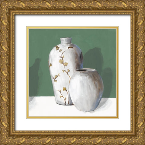 White Vases  Gold Ornate Wood Framed Art Print with Double Matting by Isabelle Z