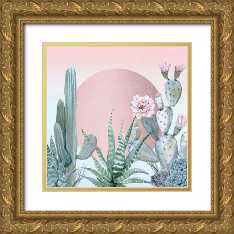 Desert Sunset Cactuses and Succulents Gold Ornate Wood Framed Art Print with Double Matting by Nature Magick