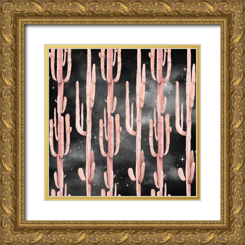 Coral Cactus Nights Pattern Gold Ornate Wood Framed Art Print with Double Matting by Nature Magick
