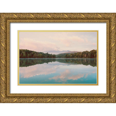 Turquoise Lake Summer Mountain Sunrise Pastel Sky Gold Ornate Wood Framed Art Print with Double Matting by Nature Magick