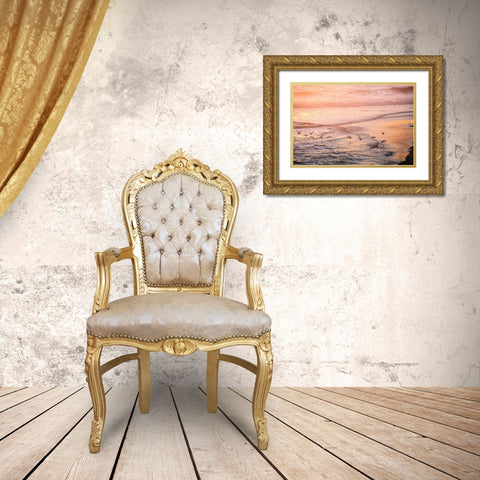 Ocean Beach and Sunset Seagulls Gold Ornate Wood Framed Art Print with Double Matting by Nature Magick
