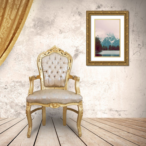 Vintage Mountain Lake Pink Sky Gold Ornate Wood Framed Art Print with Double Matting by Nature Magick