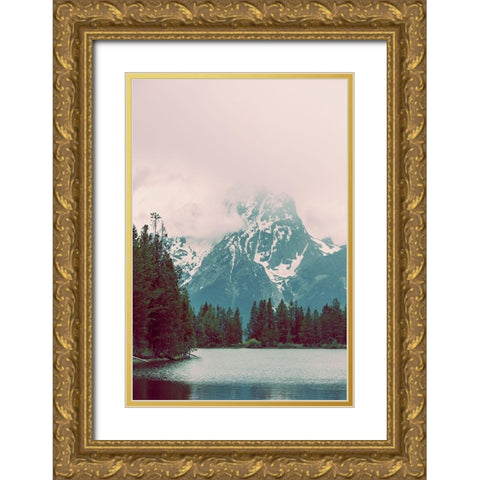 Vintage Mountain Lake Pink Sky Gold Ornate Wood Framed Art Print with Double Matting by Nature Magick