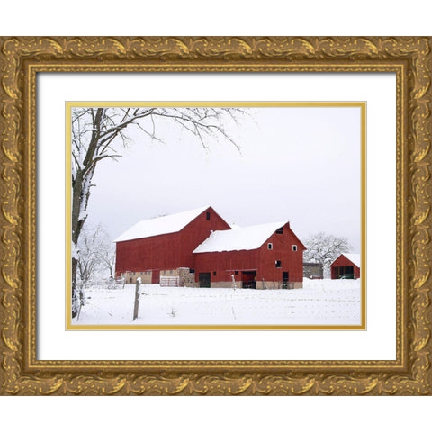 Red Winter Barn  Gold Ornate Wood Framed Art Print with Double Matting by Wilson, Gerry