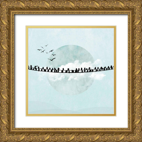 Birds on a Line II  Gold Ornate Wood Framed Art Print with Double Matting by Halli, Hal