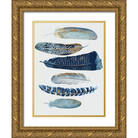 Blue and Gold Feathers I Gold Ornate Wood Framed Art Print with Double Matting by Hatfield, Jodi