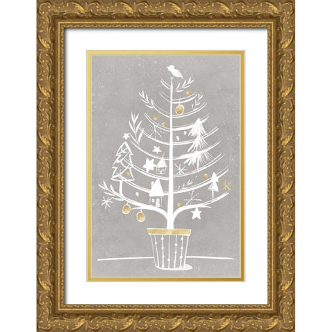 White Ornament Tree I  Gold Ornate Wood Framed Art Print with Double Matting by PI Studio