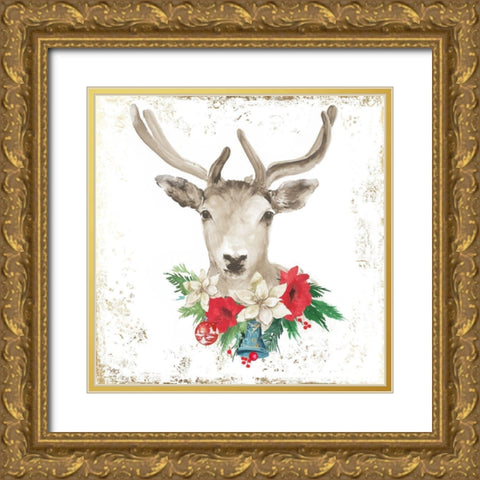 Christmas Deer  Gold Ornate Wood Framed Art Print with Double Matting by PI Studio