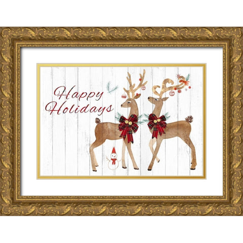 Holiday Deers  Gold Ornate Wood Framed Art Print with Double Matting by PI Studio