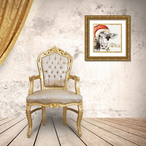 Christmas Cow  Gold Ornate Wood Framed Art Print with Double Matting by PI Studio