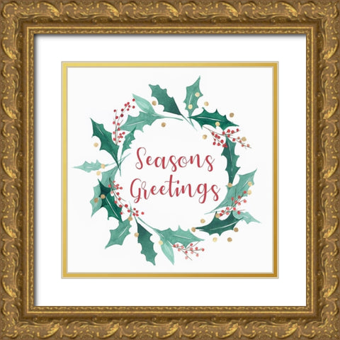 Seasons Greetings Wreath  Gold Ornate Wood Framed Art Print with Double Matting by PI Studio