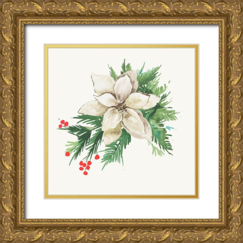 White Poinsettia Gold Ornate Wood Framed Art Print with Double Matting by PI Studio
