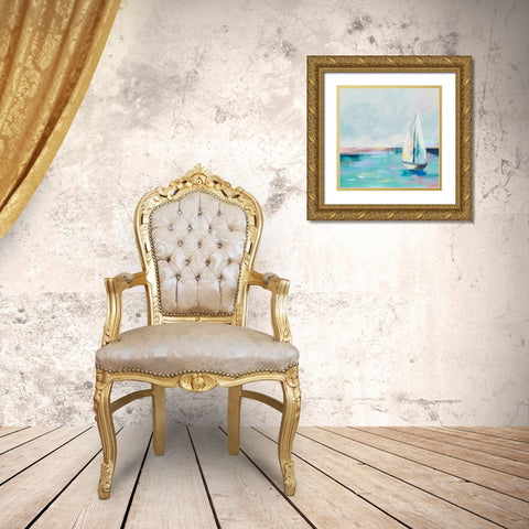 Blue Coast Sailboat Gold Ornate Wood Framed Art Print with Double Matting by Ian C