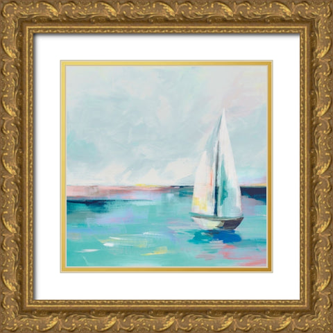 Blue Coast Sailboat Gold Ornate Wood Framed Art Print with Double Matting by Ian C