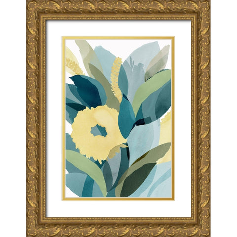 Yellow Teal Floral I Gold Ornate Wood Framed Art Print with Double Matting by Kouta, Flora