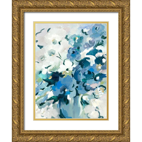 Blue Floral Vase Gold Ornate Wood Framed Art Print with Double Matting by Lera