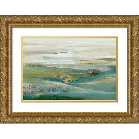 Green Sunset Pasture Gold Ornate Wood Framed Art Print with Double Matting by Lera