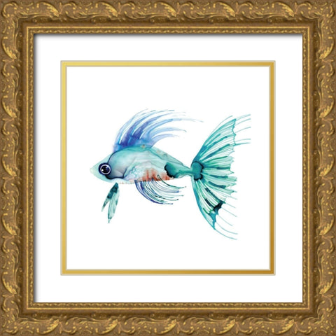 Teal Fish Gold Ornate Wood Framed Art Print with Double Matting by Berg, Margaret