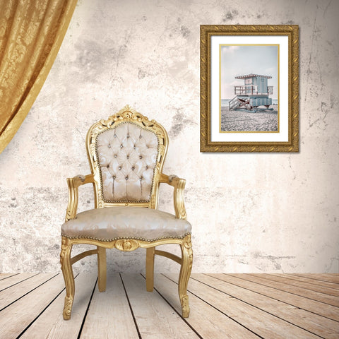 Miam Blue Beach Lifeguard Tower  Gold Ornate Wood Framed Art Print with Double Matting by Haase, Andrea